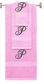 Pink monogrammed towel set with Black thread, Diana Script font, initial P - 540 GSM cotton 3-piece