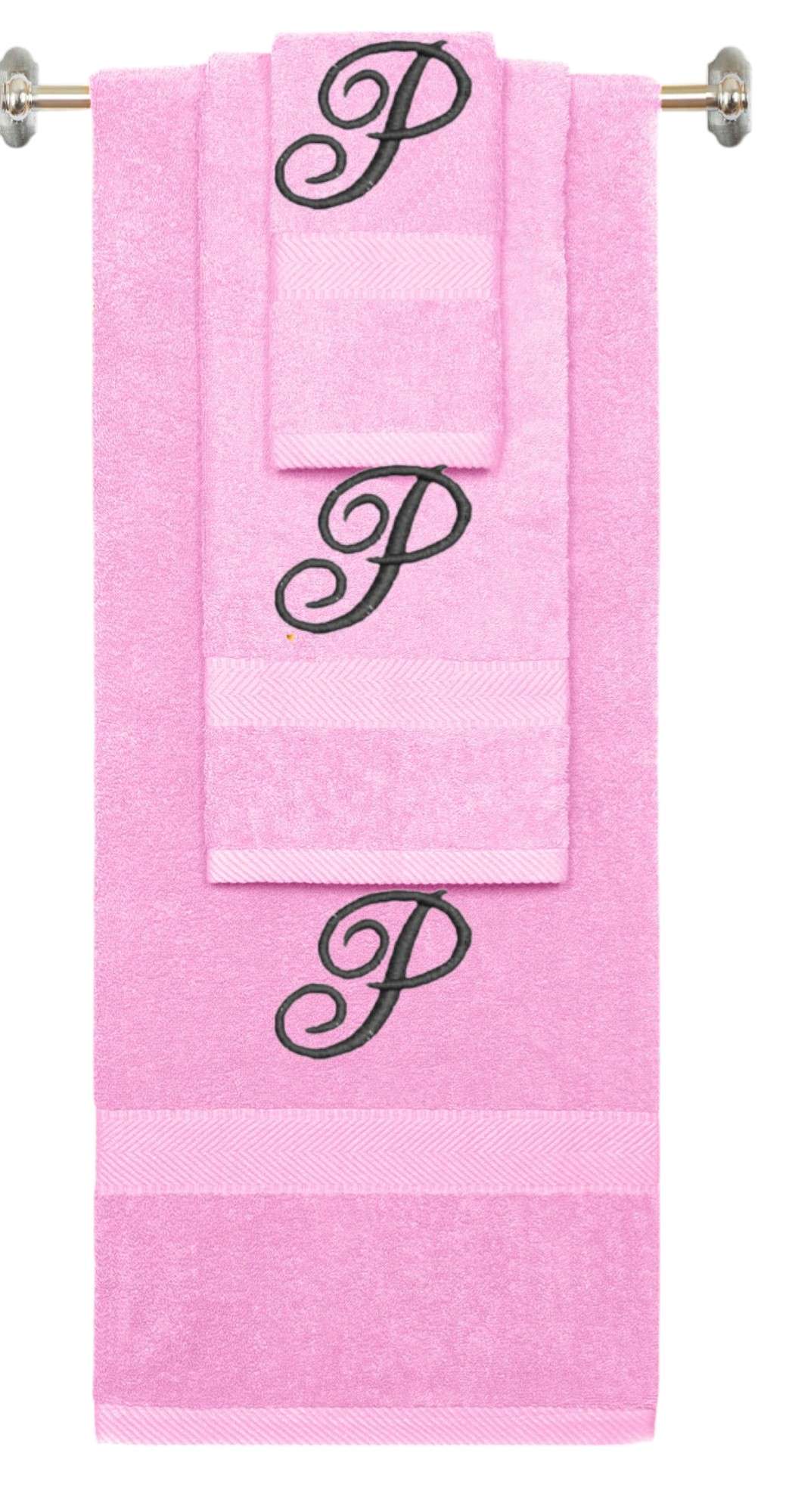 Pink monogrammed towel set with Black thread, Diana Script font, initial P - 540 GSM cotton 3-piece