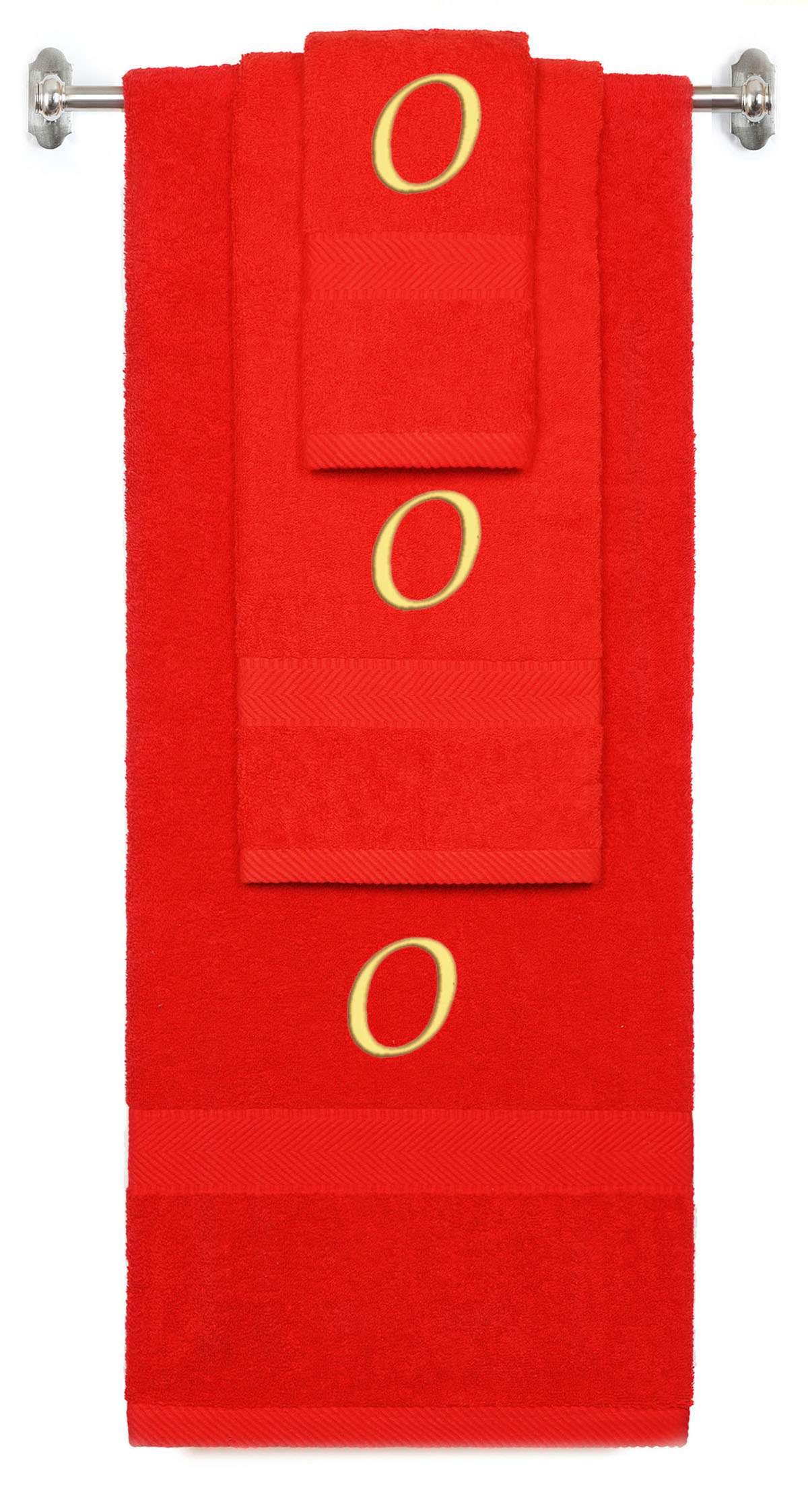 Red monogrammed towel set with Gold thread, Chancery font, initial O - 540 GSM cotton 3-piece