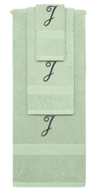Mint Green monogrammed towel set with Black thread, Diana Script font, initial J - 540 GSM cotton 3-piece