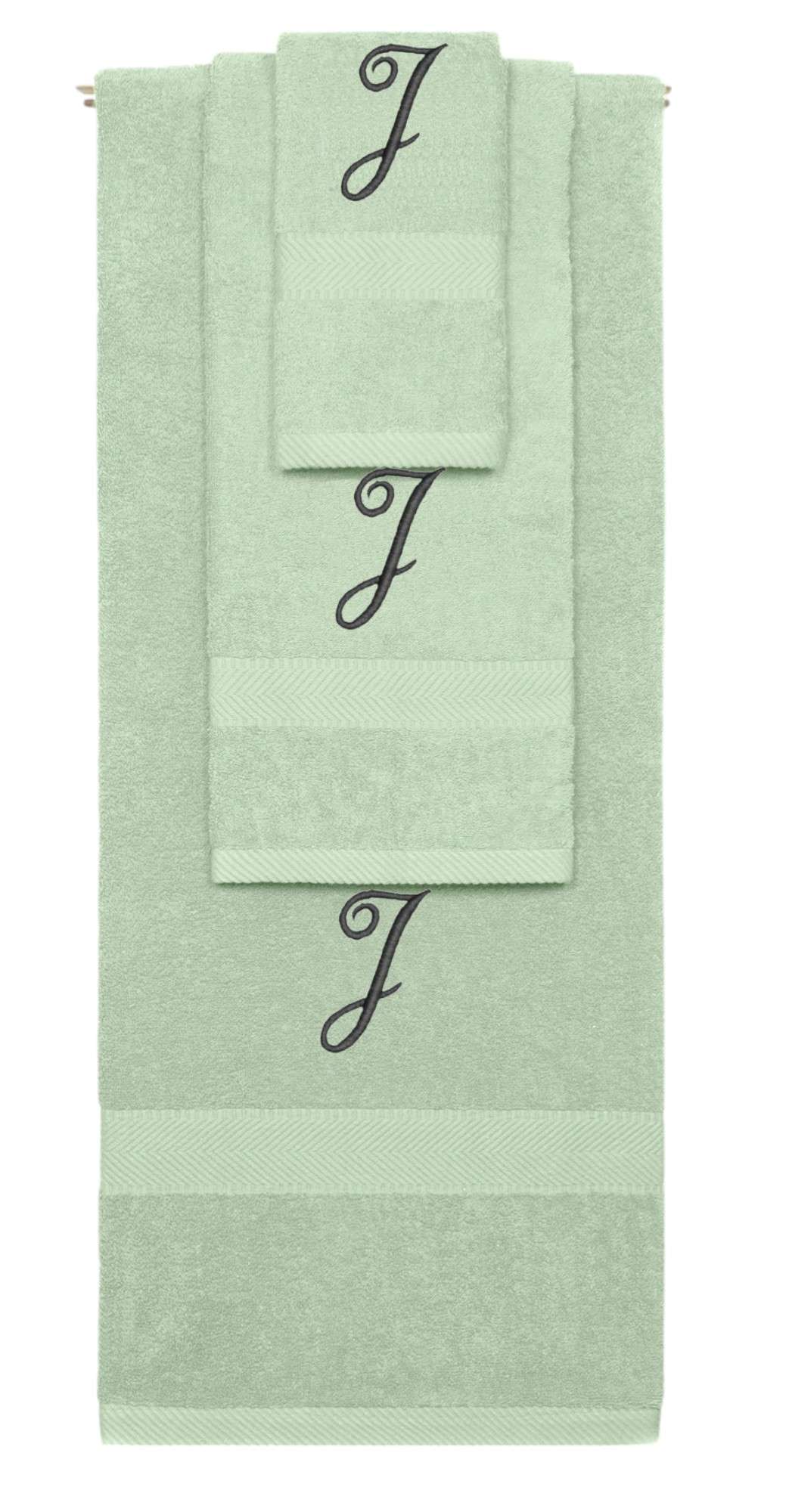 Mint Green monogrammed towel set with Black thread, Diana Script font, initial J - 540 GSM cotton 3-piece