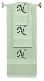 Mint Green monogrammed towel set with Black thread, Chancery font, initial M - 540 GSM cotton 3-piece