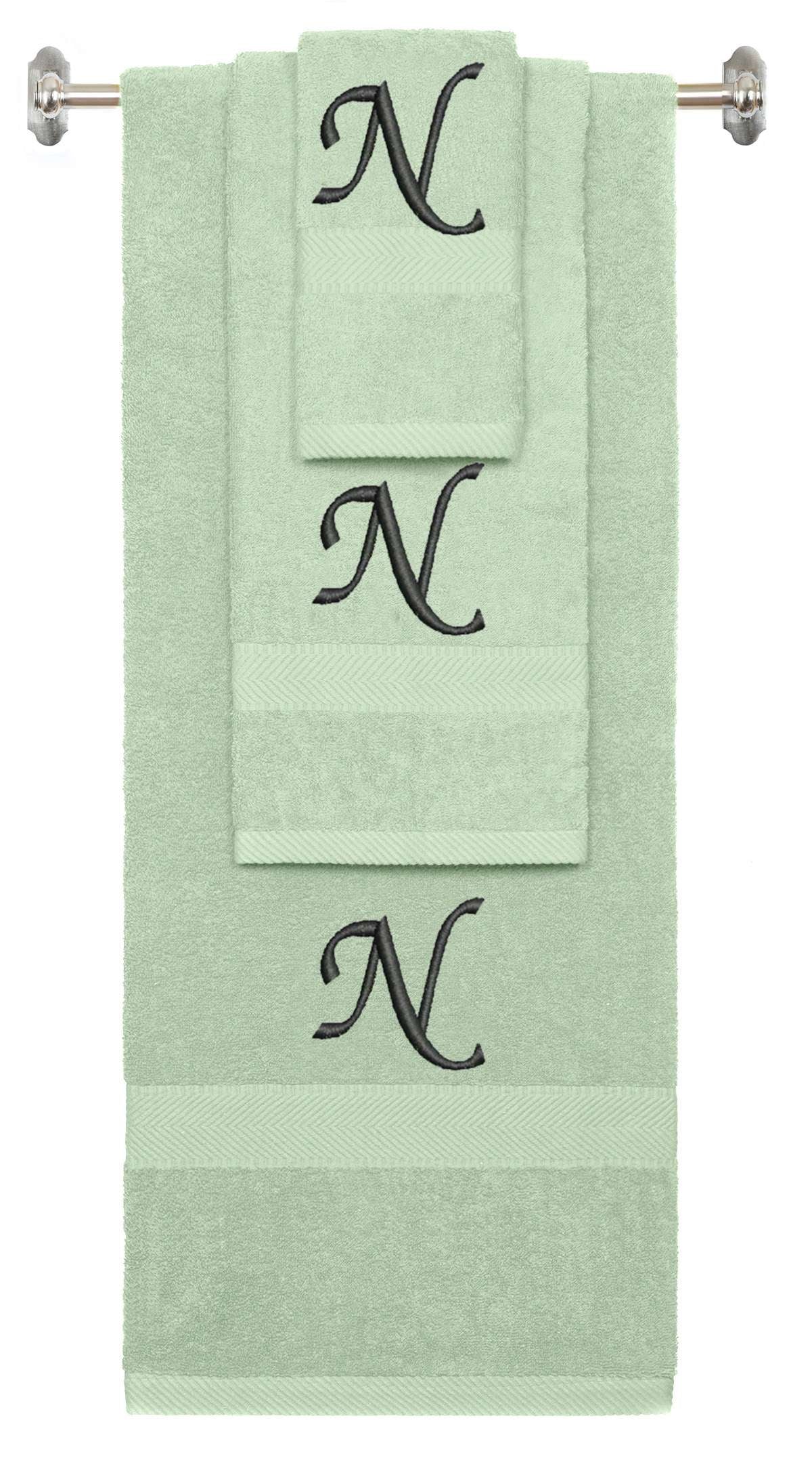 Mint Green monogrammed towel set with Black thread, Chancery font, initial M - 540 GSM cotton 3-piece