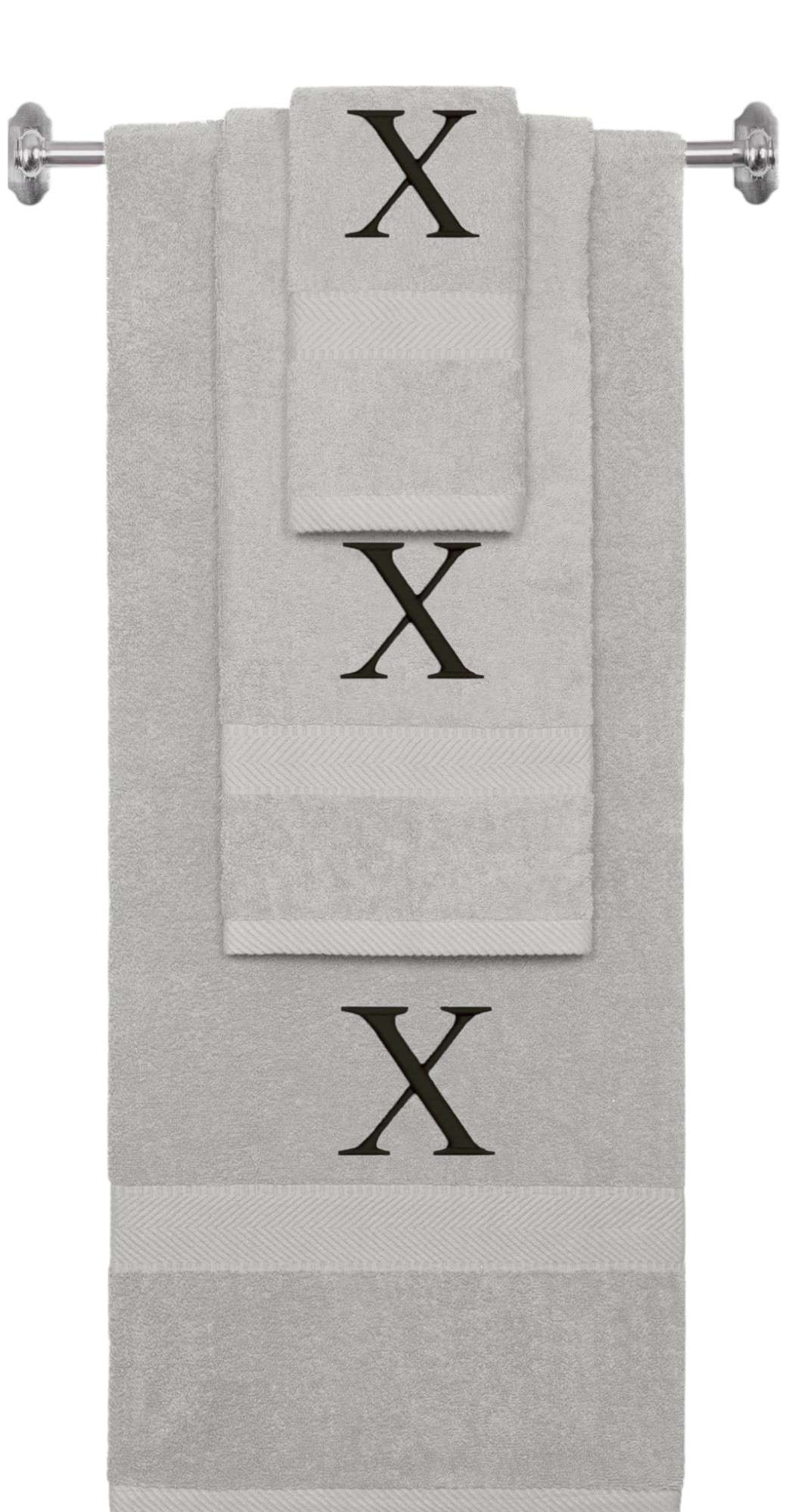 Silver monogrammed towel set with Black thread, Times New Roman font, initial X - 540 GSM cotton 3-piece