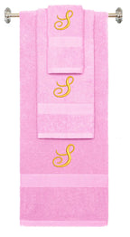 Pink monogrammed towel set with Gold thread, Diana Script font, initial S - 540 GSM cotton 3-piece