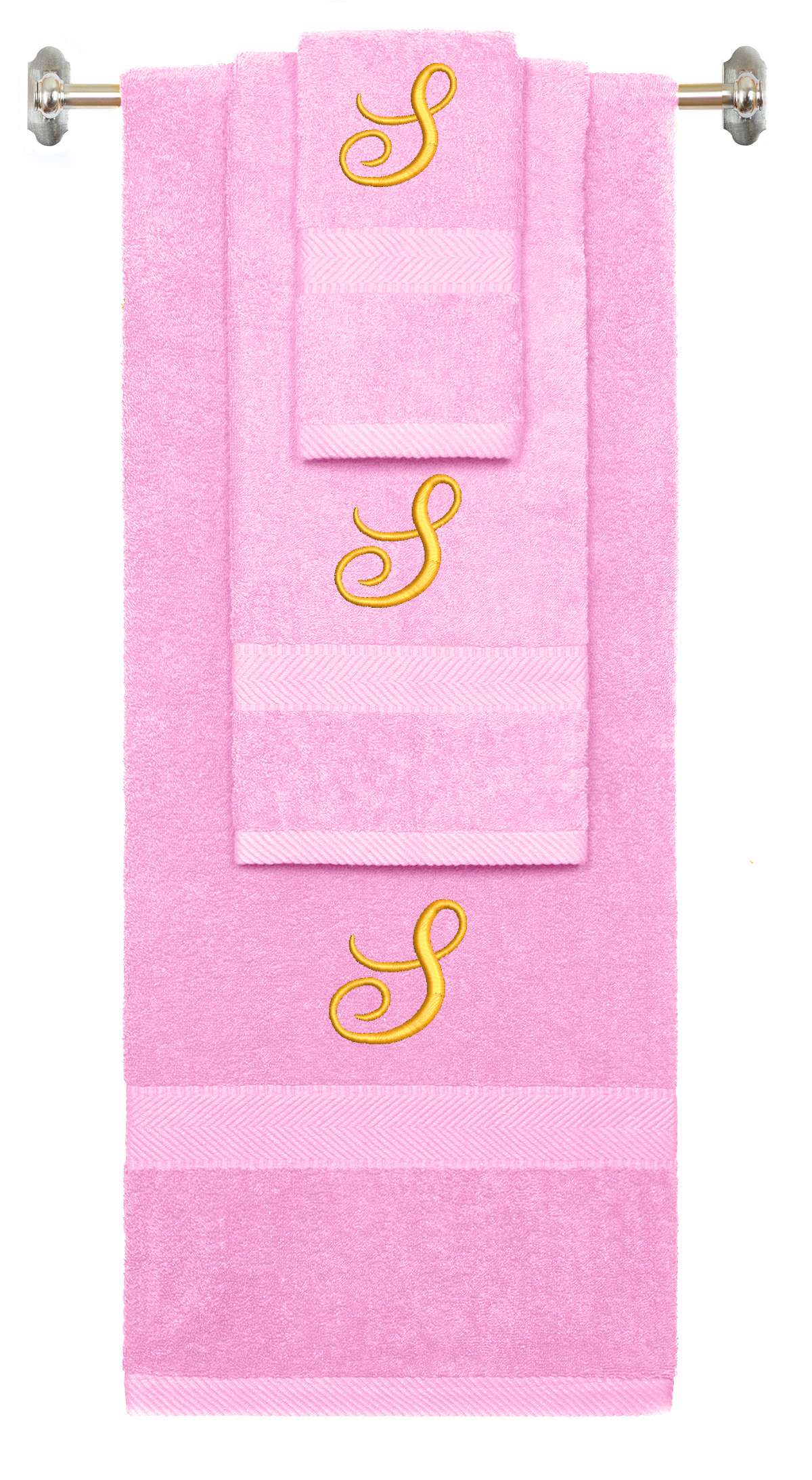 Pink monogrammed towel set with Gold thread, Diana Script font, initial S - 540 GSM cotton 3-piece