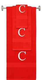 Red monogrammed towel set with White thread, Times New Roman font, initial C - 540 GSM cotton 3-piece