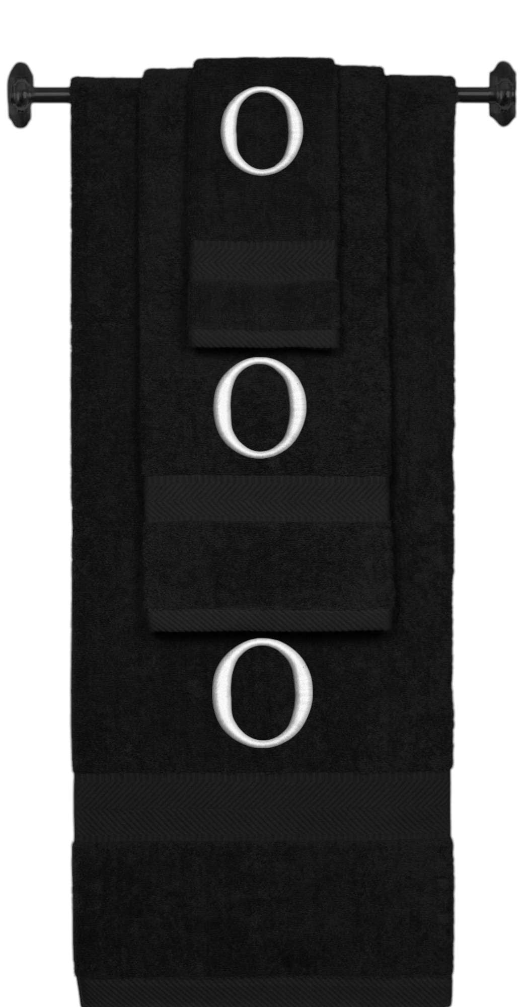 Black monogrammed towel set with Silver thread, Times New Roman font, initial O - 540 GSM cotton 3-piece
