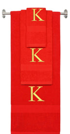 Red monogrammed towel set with Gold thread, Times New Roman font, initial K - 540 GSM cotton 3-piece