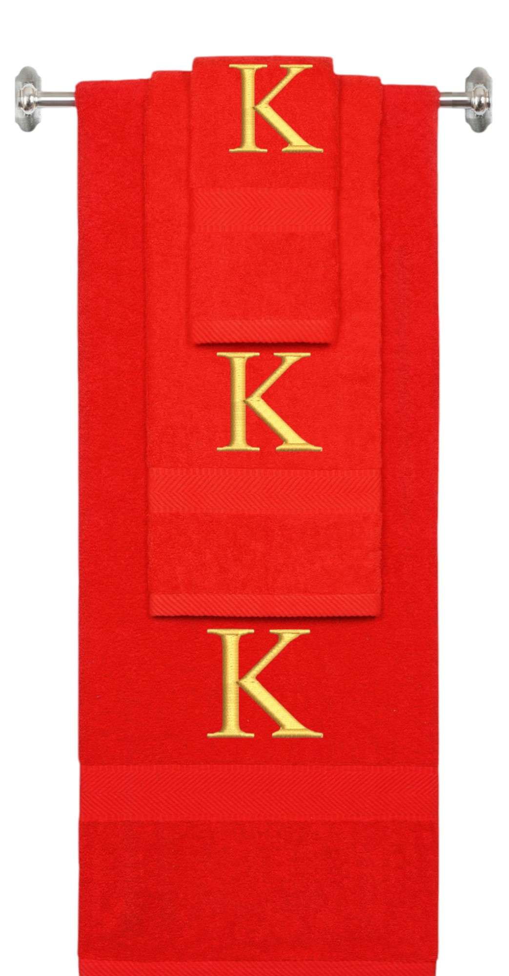 Red monogrammed towel set with Gold thread, Times New Roman font, initial K - 540 GSM cotton 3-piece
