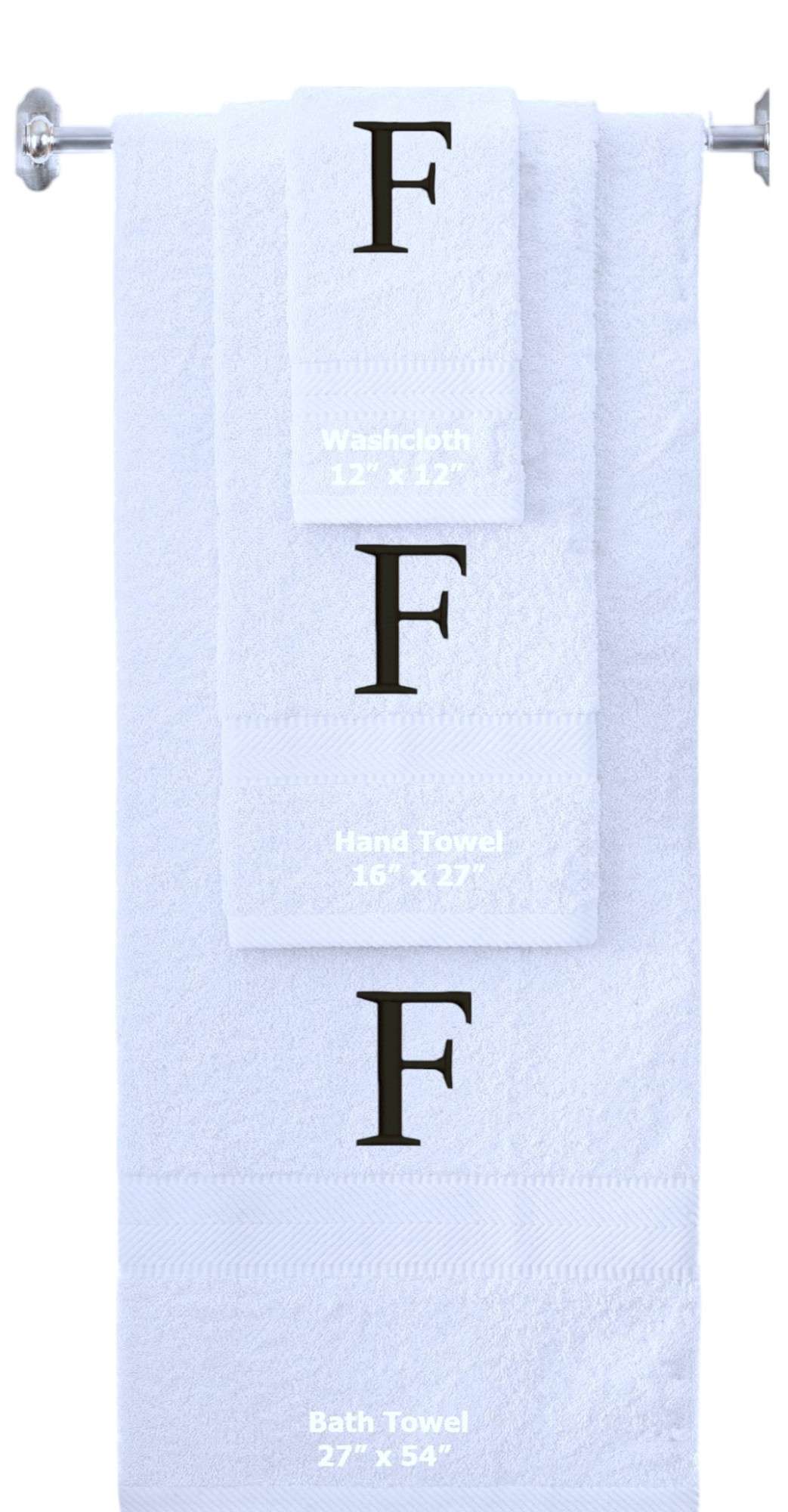 White monogrammed towel set with Black thread, Times New Roman font, initial F - 540 GSM cotton 3-piece