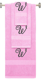 Pink monogrammed towel set with Black thread, Diana Script font, initial W - 540 GSM cotton 3-piece
