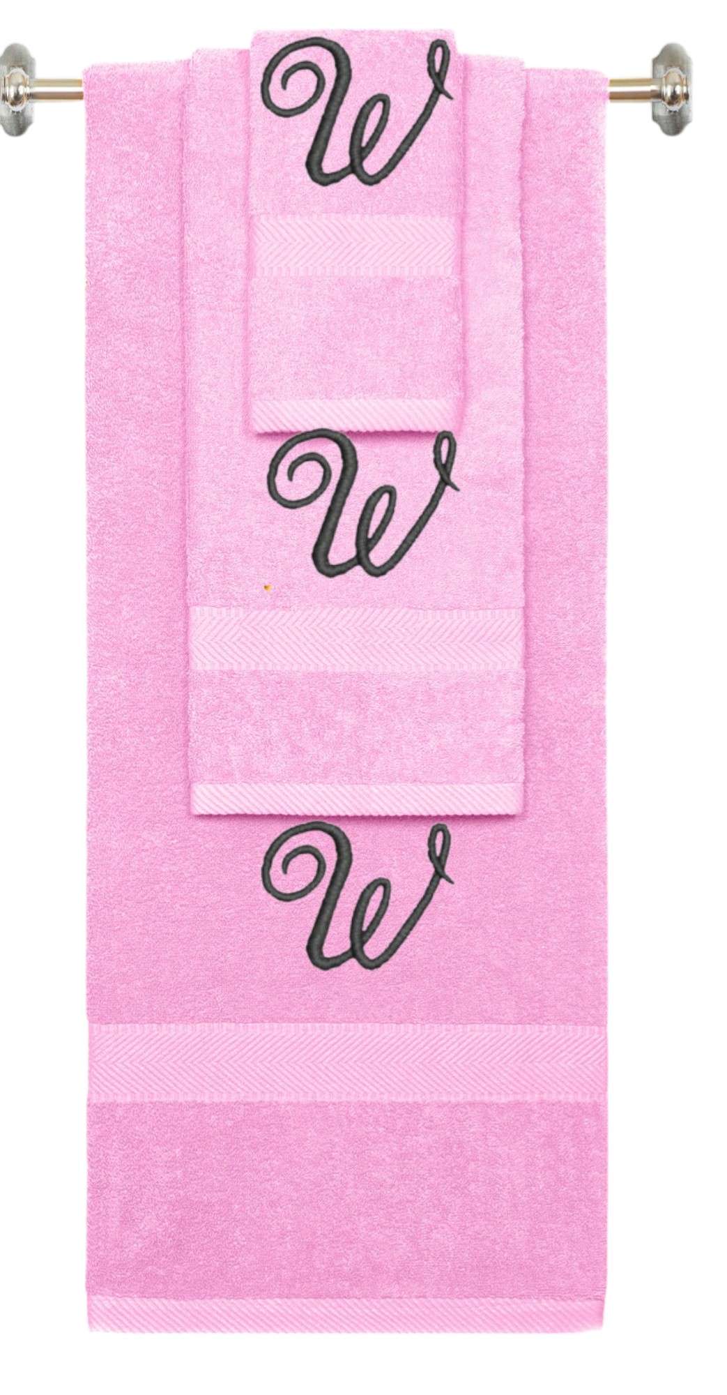 Pink monogrammed towel set with Black thread, Diana Script font, initial W - 540 GSM cotton 3-piece