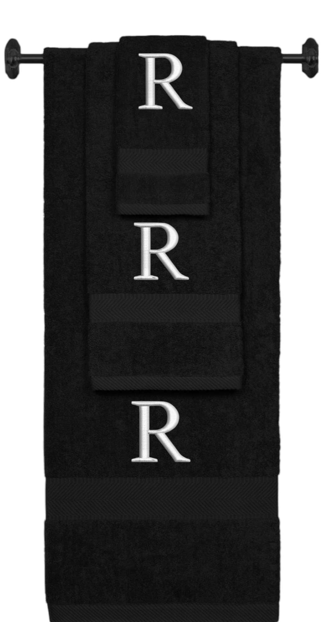 Black monogrammed towel set with Silver thread, Times New Roman font, initial R - 540 GSM cotton 3-piece