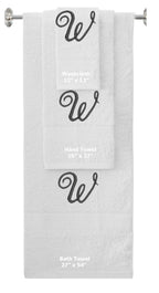 White monogrammed towel set with Black thread, Diana Script font, initial W - 540 GSM cotton 3-piece