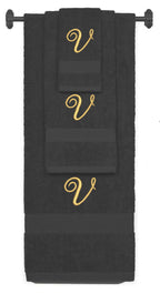Charcoal monogrammed towel set with Gold thread, Diana Script font, initial V - 540 GSM cotton 3-piece