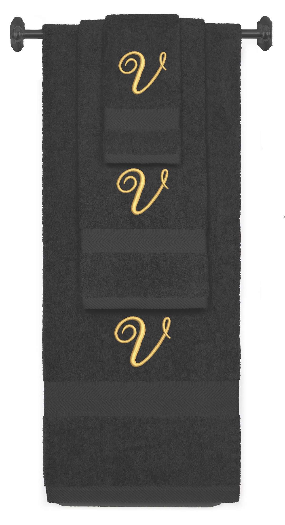 Charcoal monogrammed towel set with Gold thread, Diana Script font, initial V - 540 GSM cotton 3-piece