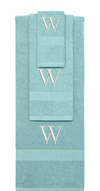 Nautical Teal monogrammed towel set with Silver thread, Times New Roman font, initial W - 540 GSM cotton 3-piece
