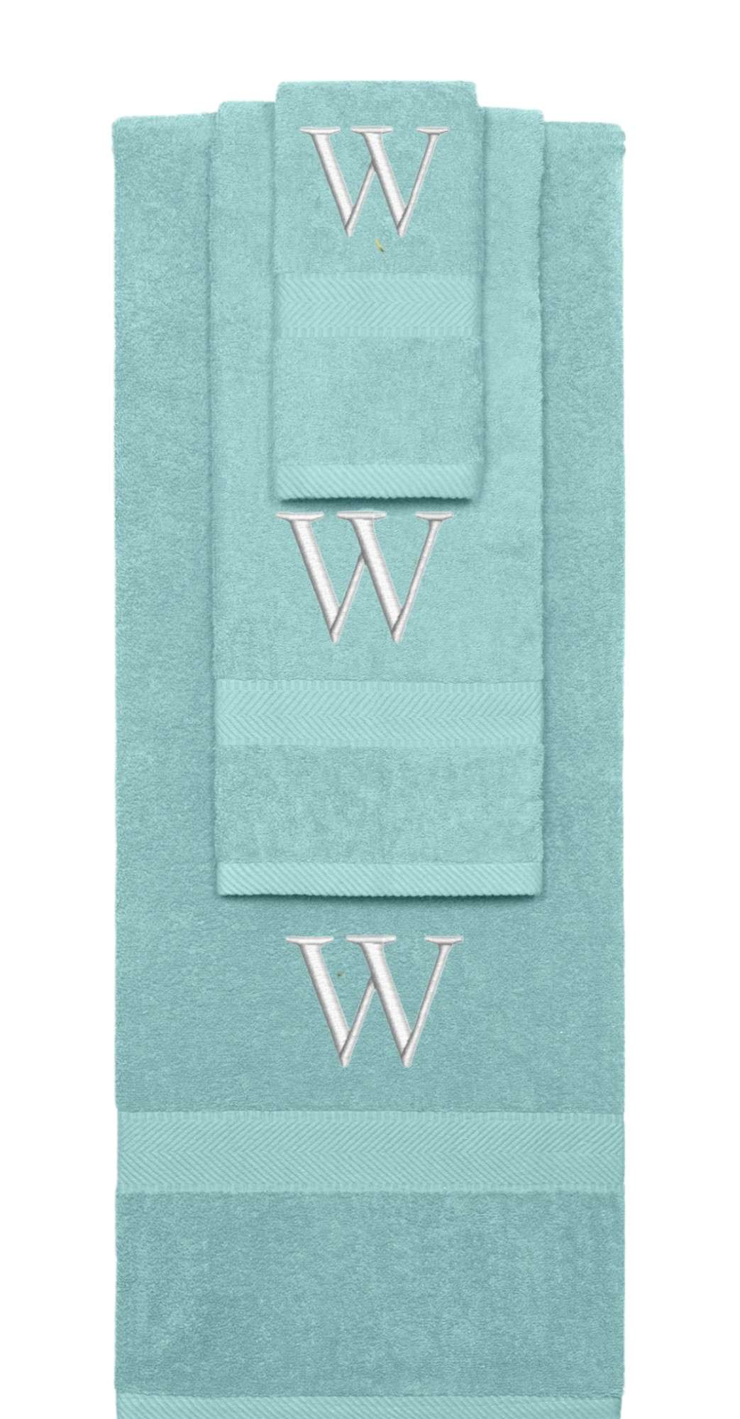 Nautical Teal monogrammed towel set with Silver thread, Times New Roman font, initial W - 540 GSM cotton 3-piece
