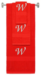 Red monogrammed towel set with Silver thread, Chancery font, initial W - 540 GSM cotton 3-piece