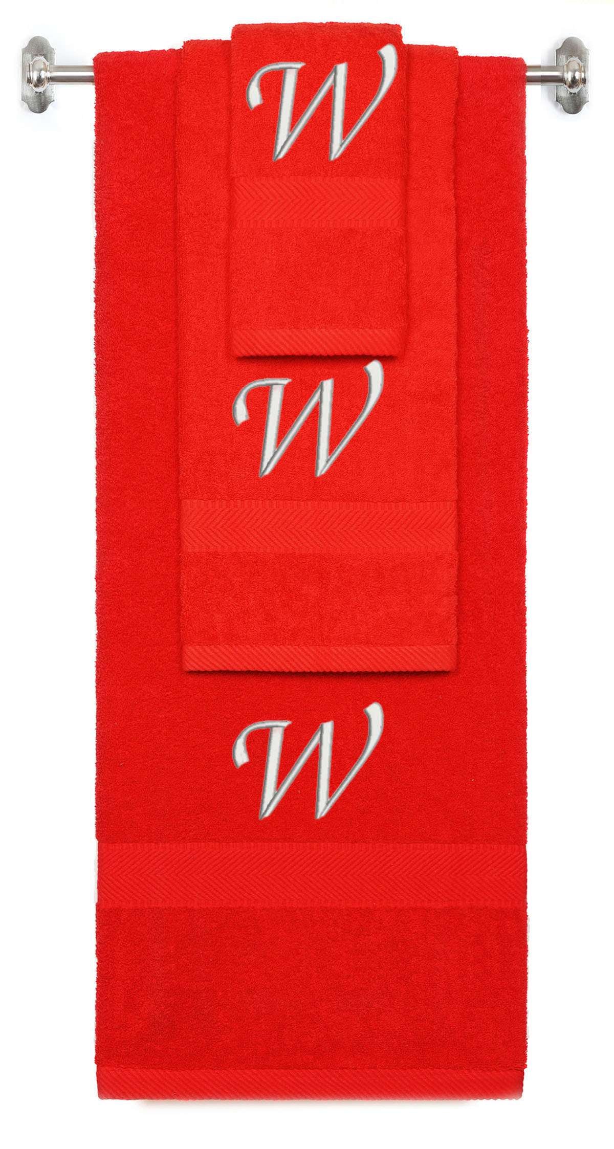 Red monogrammed towel set with Silver thread, Chancery font, initial W - 540 GSM cotton 3-piece