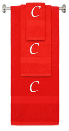 Red monogrammed towel set with White thread, Chancery font, initial C - 540 GSM cotton 3-piece