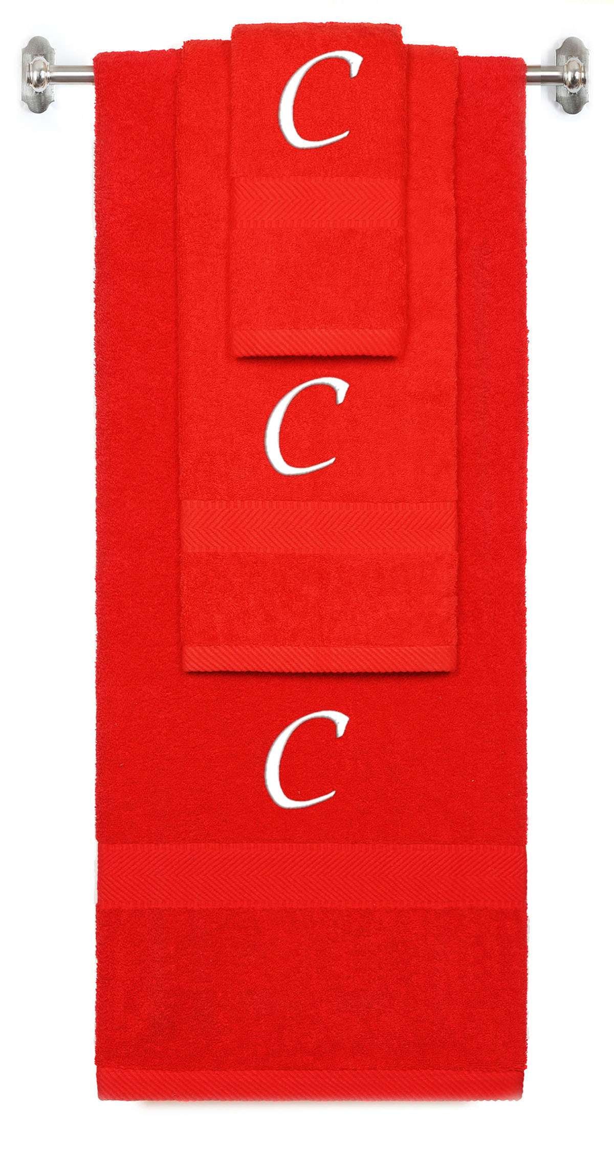 Red monogrammed towel set with White thread, Chancery font, initial C - 540 GSM cotton 3-piece