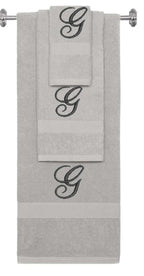Silver monogrammed towel set with Black thread, Diana Script font, initial G - 540 GSM cotton 3-piece