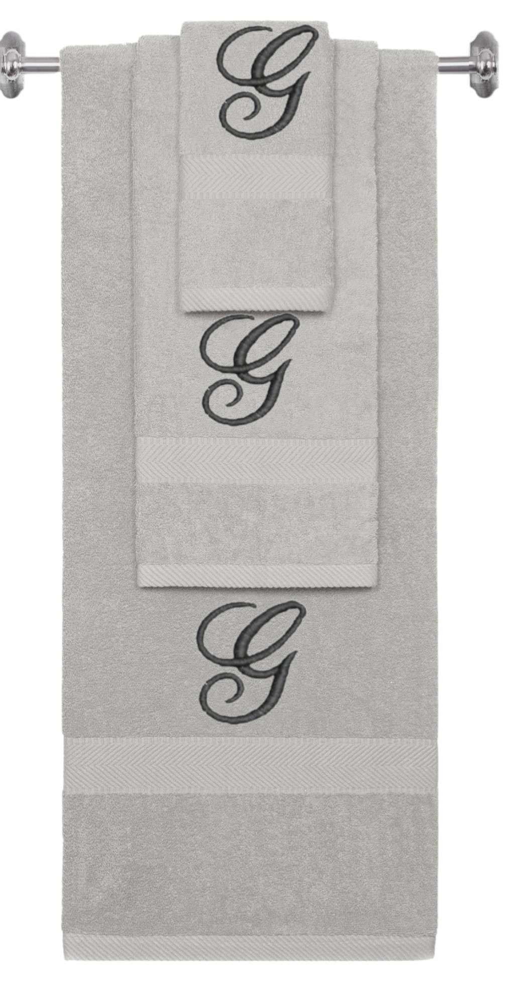 Silver monogrammed towel set with Black thread, Diana Script font, initial G - 540 GSM cotton 3-piece