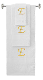 White monogrammed towel set with Gold thread, Chancery font, initial E - 540 GSM cotton 3-piece