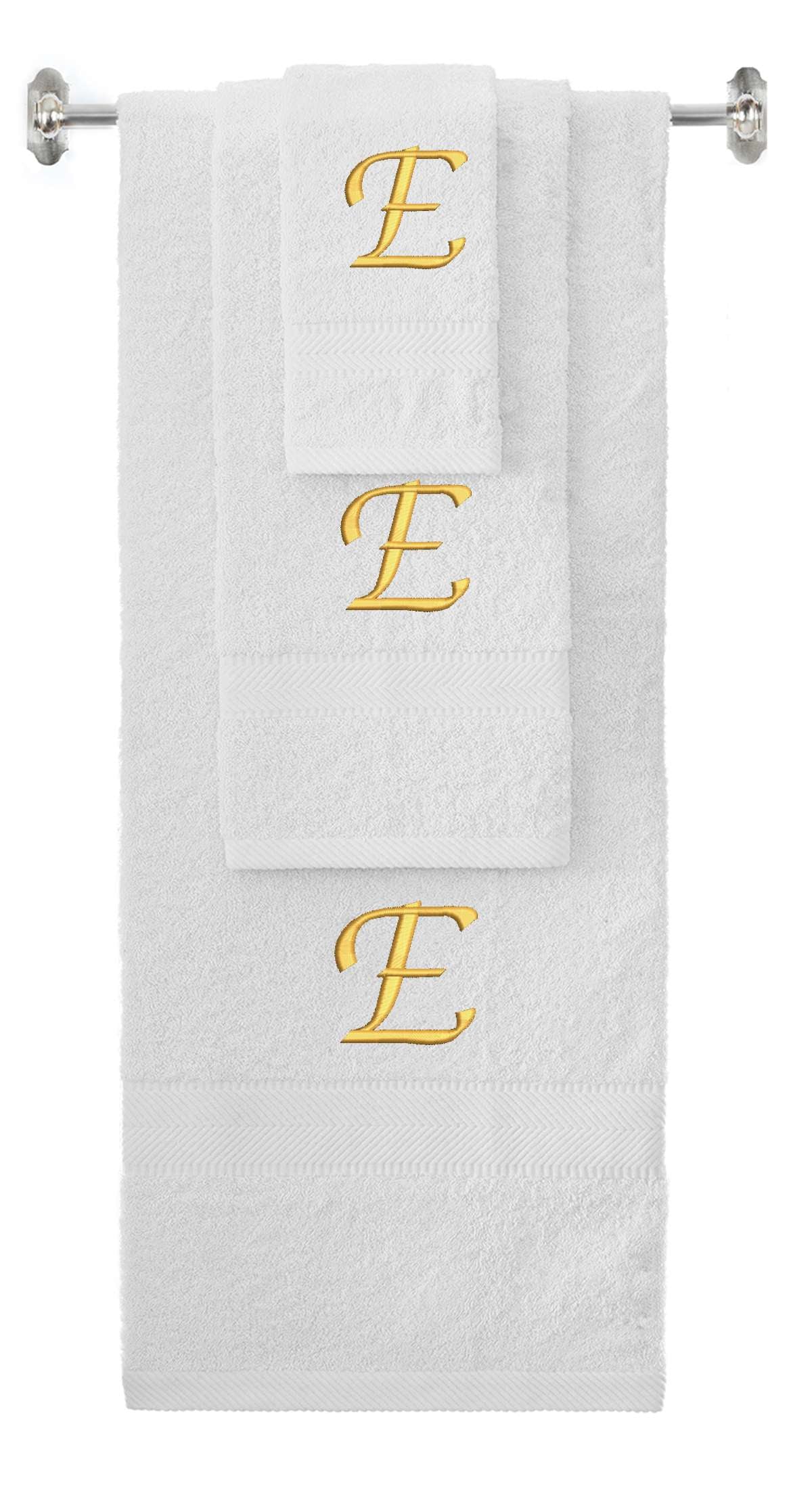 White monogrammed towel set with Gold thread, Chancery font, initial E - 540 GSM cotton 3-piece