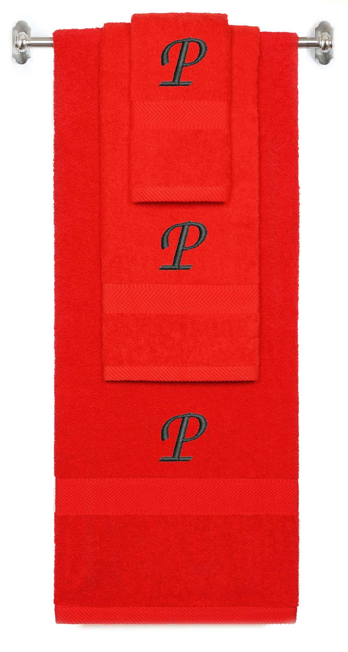 Red monogrammed towel set with Black thread, Chancery font, initial P - 540 GSM cotton 3-piece