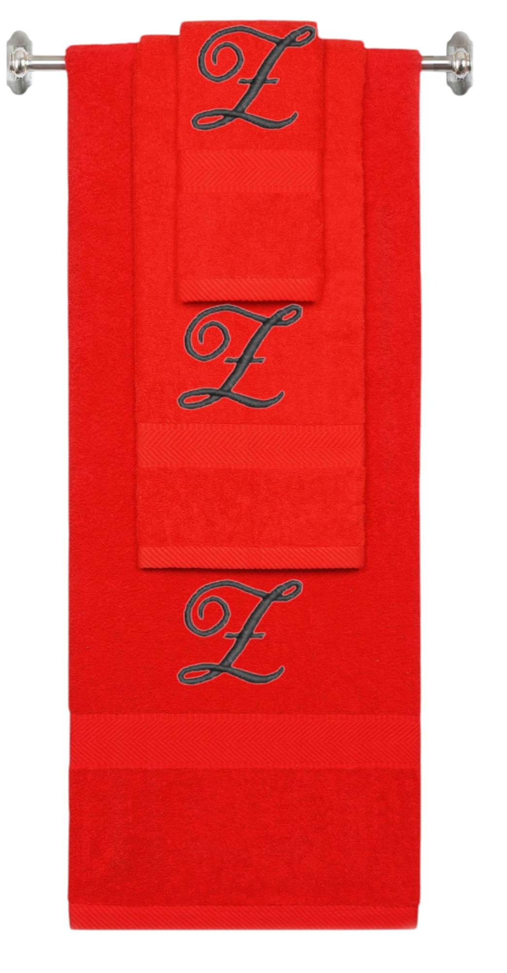 Red monogrammed towel set with Black thread, Diana Script font, initial Z - 540 GSM cotton 3-piece