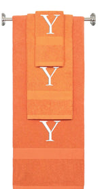 Orange monogrammed towel set with White thread, Times New Roman font, initial Y - 540 GSM cotton 3-piece