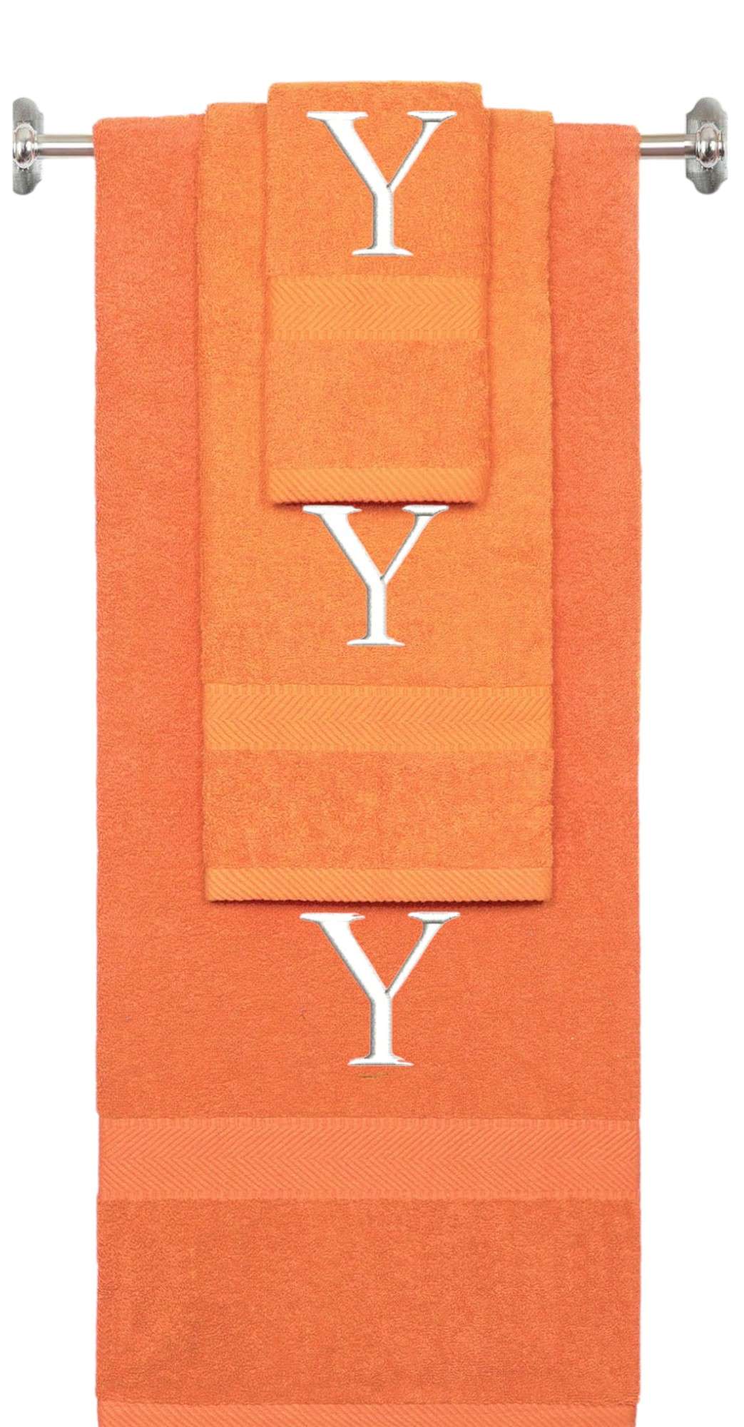 Orange monogrammed towel set with White thread, Times New Roman font, initial Y - 540 GSM cotton 3-piece