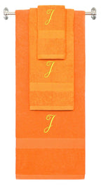 Orange monogrammed towel set with Gold thread, Diana Script font, initial J - 540 GSM cotton 3-piece