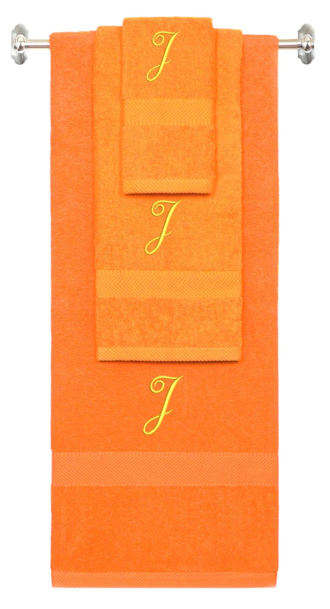 Orange monogrammed towel set with Gold thread, Diana Script font, initial J - 540 GSM cotton 3-piece