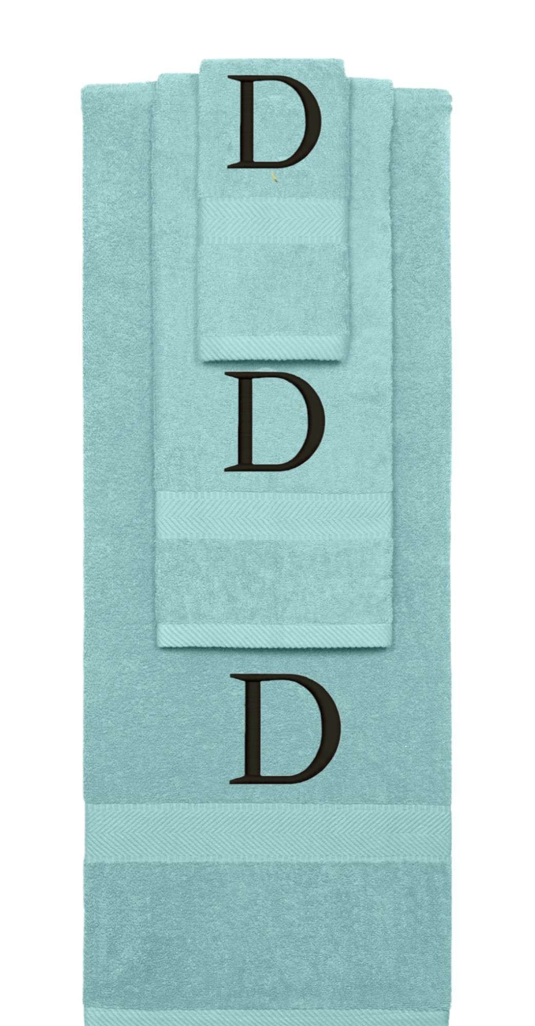Nautical Teal monogrammed towel set with Black thread, Times New Roman font, initial D - 540 GSM cotton 3-piece