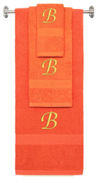 Orange monogrammed towel set with Gold thread, Chancery font, initial B - 540 GSM cotton 3-piece