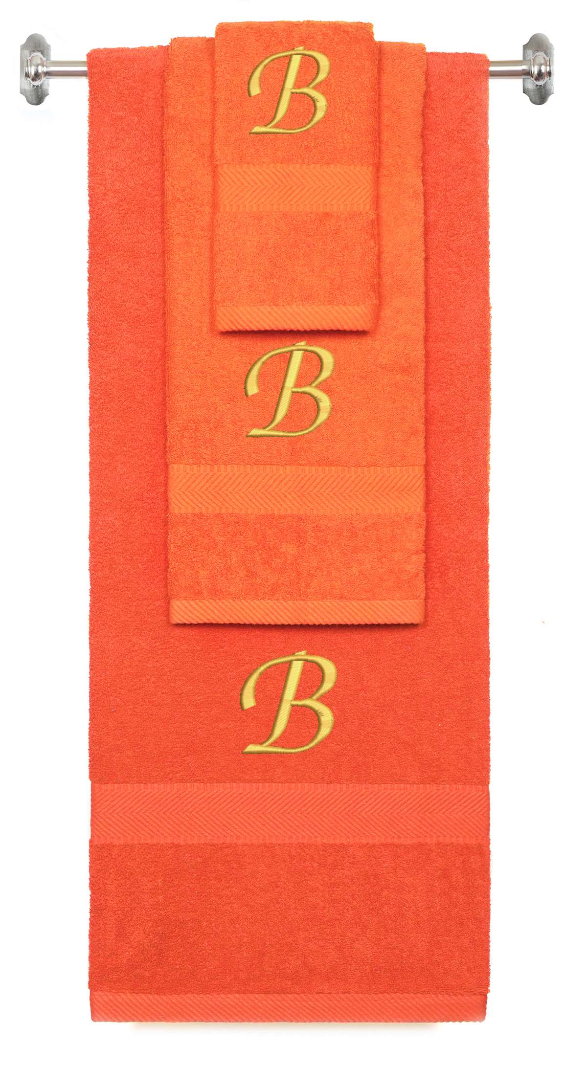 Orange monogrammed towel set with Gold thread, Chancery font, initial B - 540 GSM cotton 3-piece