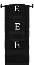 Black monogrammed towel set with White thread, Times New Roman font, initial E - 540 GSM cotton 3-piece