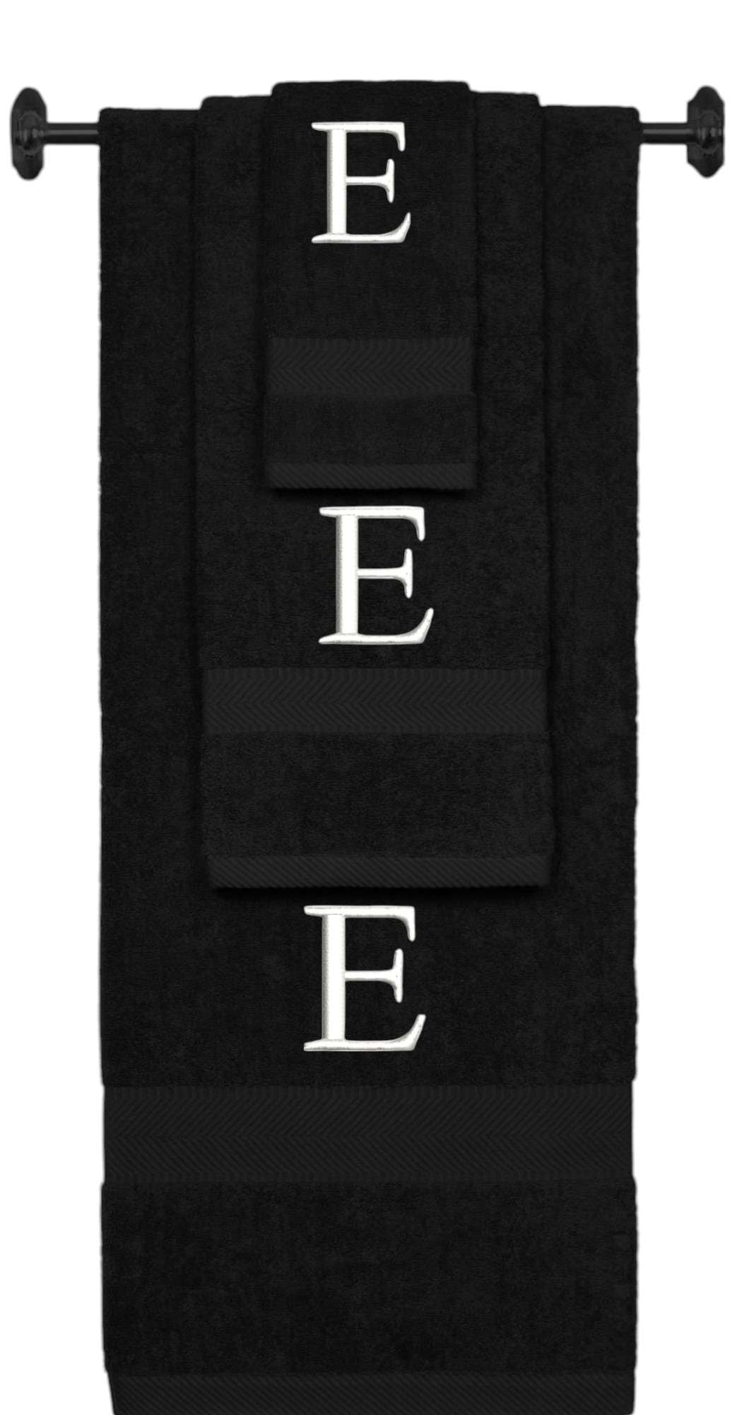 Black monogrammed towel set with White thread, Times New Roman font, initial E - 540 GSM cotton 3-piece