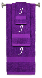 Purple monogrammed towel set with White thread, Chancery font, initial J - 540 GSM cotton 3-piece