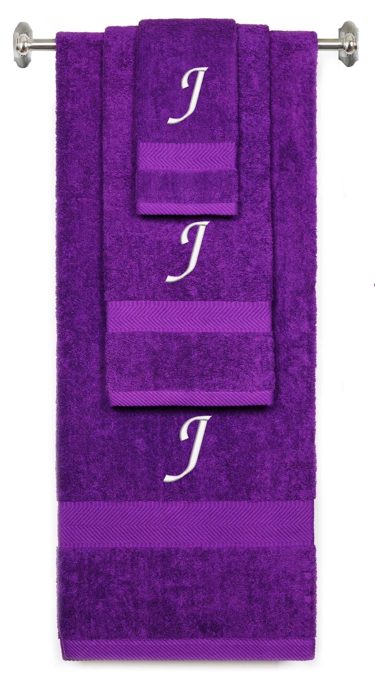Purple monogrammed towel set with White thread, Chancery font, initial J - 540 GSM cotton 3-piece