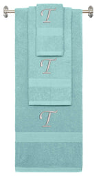 Nautical Teal monogrammed towel set with Silver thread, Chancery font, initial T - 540 GSM cotton 3-piece