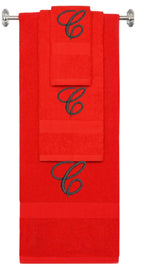 Red monogrammed towel set with Black thread, Diana Script font, initial C - 540 GSM cotton 3-piece