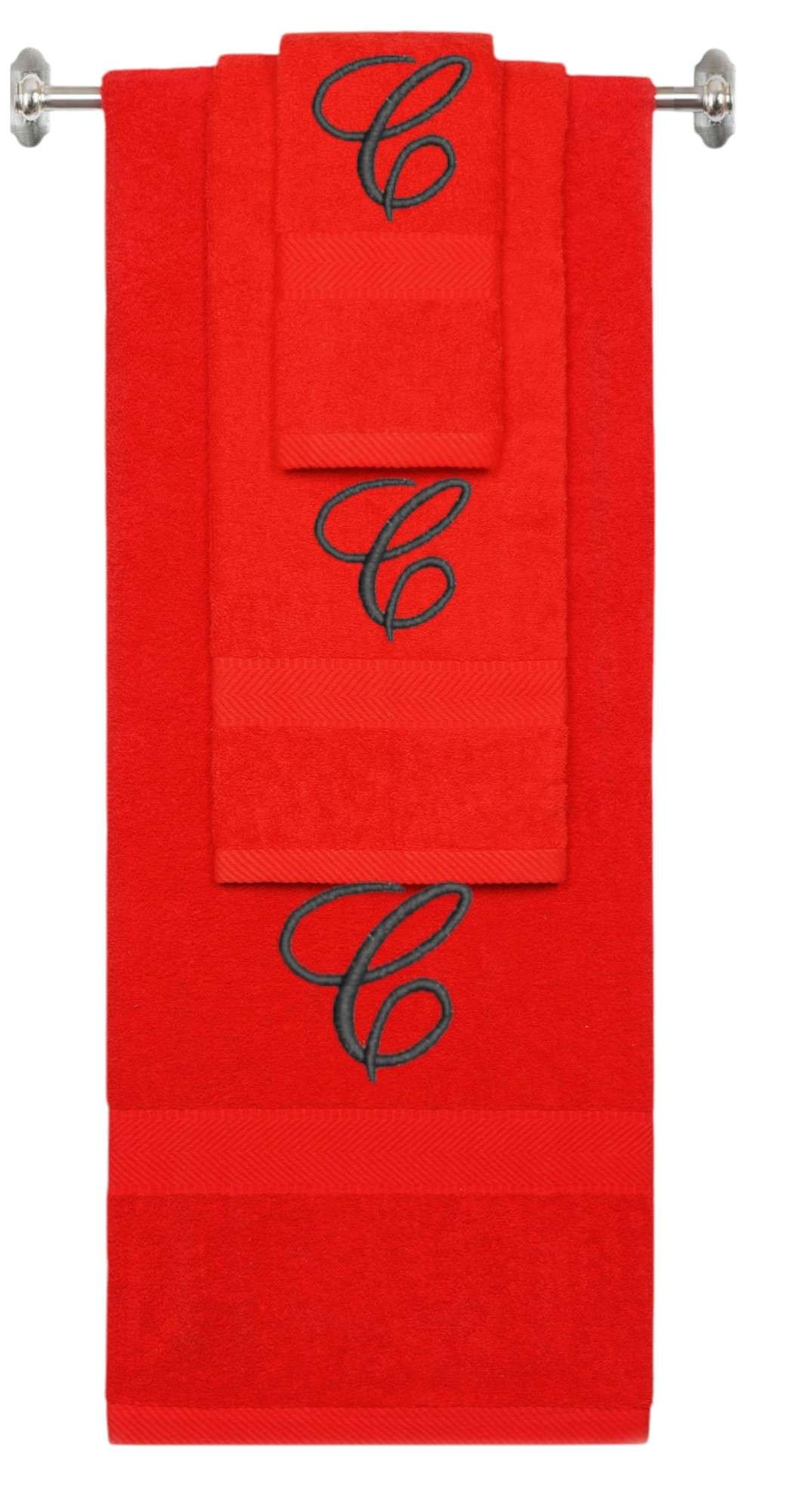 Red monogrammed towel set with Black thread, Diana Script font, initial C - 540 GSM cotton 3-piece