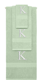 Mint Green monogrammed towel set with Silver thread, Times New Roman font, initial K - 540 GSM cotton 3-piece