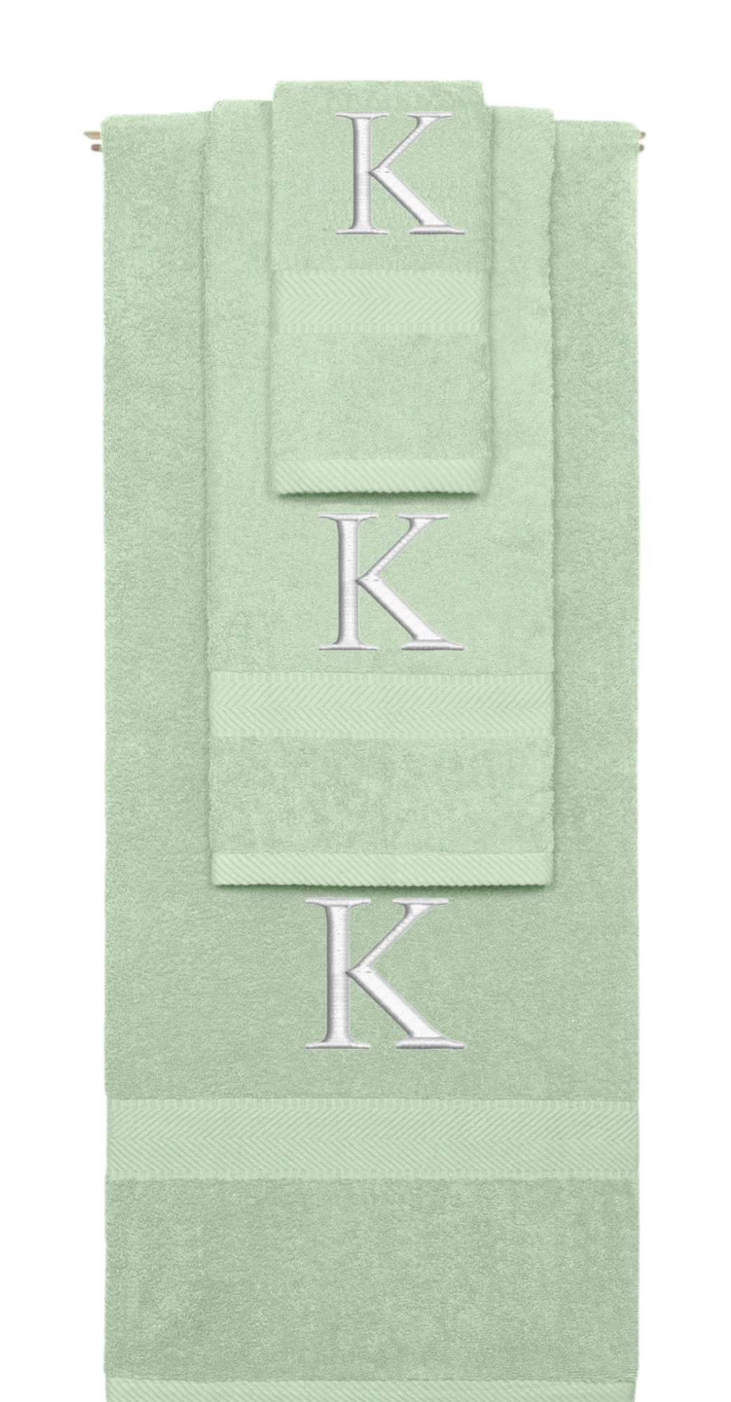 Mint Green monogrammed towel set with Silver thread, Times New Roman font, initial K - 540 GSM cotton 3-piece
