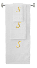 White monogrammed towel set with Gold thread, Chancery font, initial S - 540 GSM cotton 3-piece